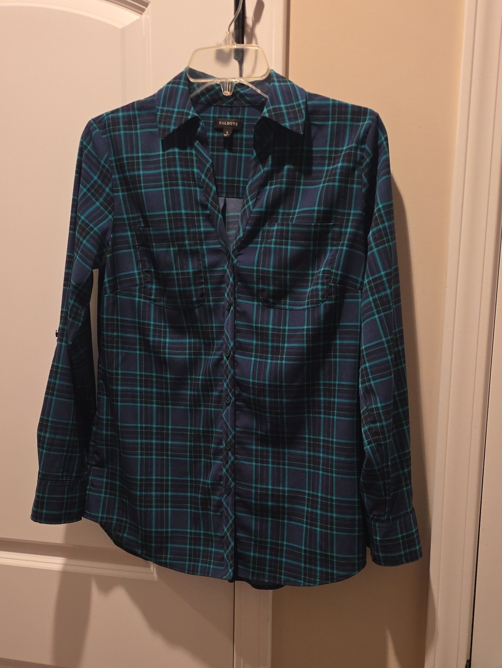 Talbots Teal and Navy Plaid Button-Down Shirt